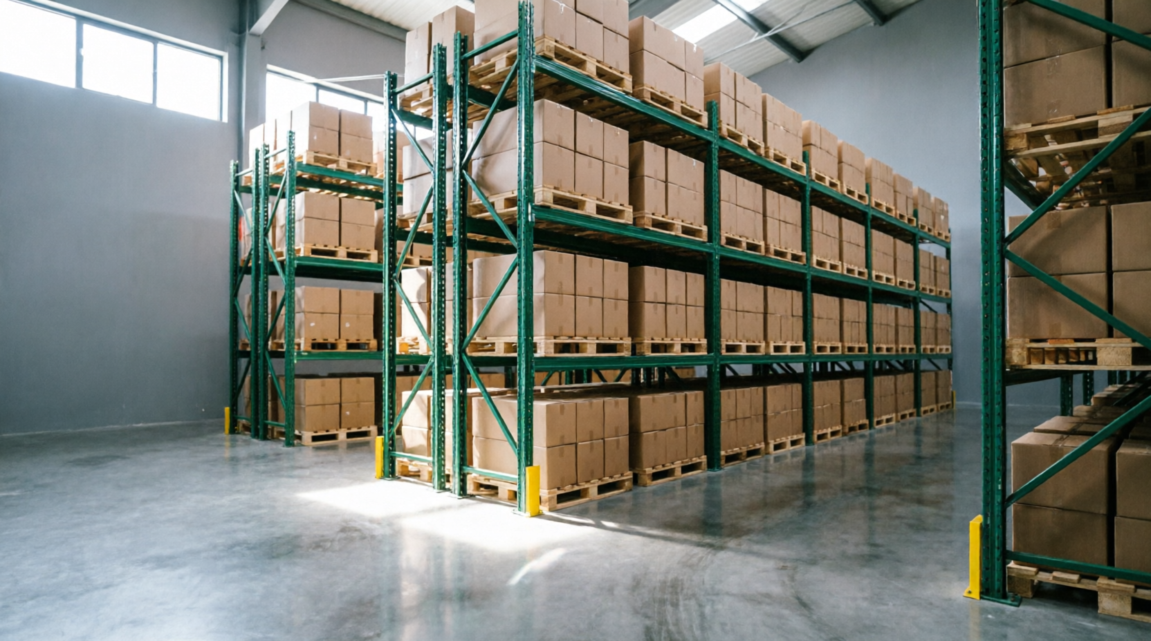 Bodega con rack y pallets ordenados