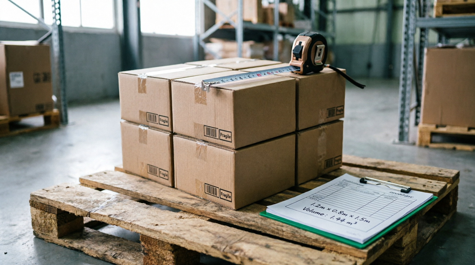 Pallet con cajas y huincha de medir